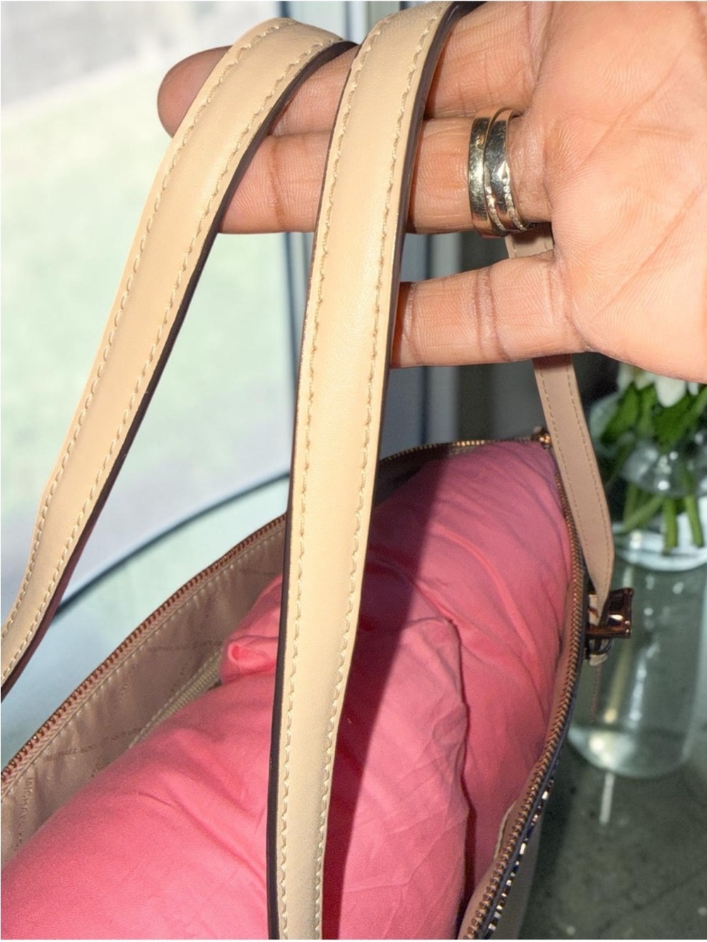 Michael Kors Cream Signature Tote with Tan Handles and Floral Scarf - Picture 10 of 10